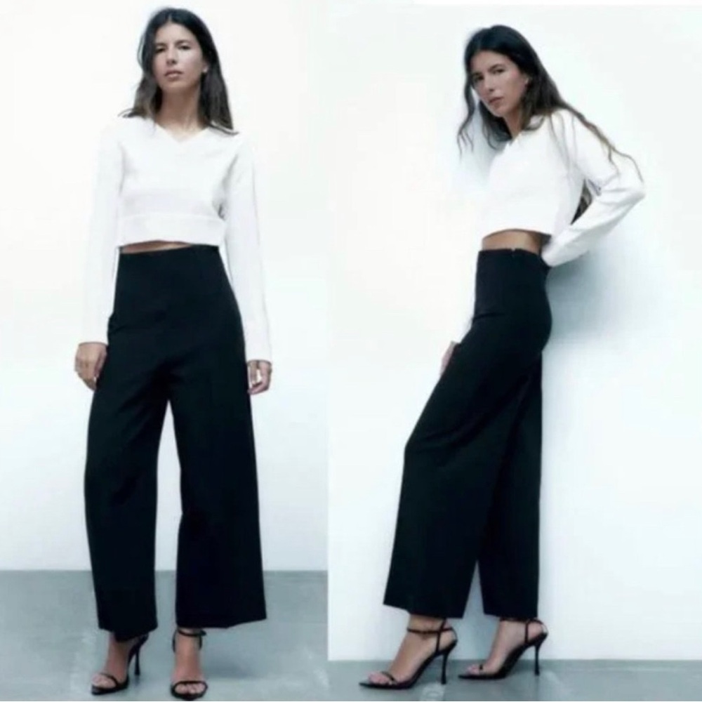 Zara Blogger Fav Wide Leg High Waist Black Dress Pant Culottes Sz S